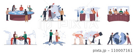 Geopolitics people. Global politics, negotiations, meetings, presidential candidates debates, election and governance, male and female politics, cartoon flat illustration. Nowaday vector set Geopolitics people. Global politics, negotiations, meetings, presidential candidates debates, election and governance, male and female politics, cartoon flat illustration. Nowaday vector set 110007161