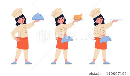 Cook with empty serving tray and roasted chicken. Cute girl in chef costume holding plate with dinner. Teen in hat and apron. Restaurant and cafe staff. Cartoon flat isolated vector concept Cook with empty serving tray and roasted chicken. Cute girl in chef costume holding plate with dinner. Teen in hat and apron. Restaurant and cafe staff. Cartoon flat isolated vector concept 110007193