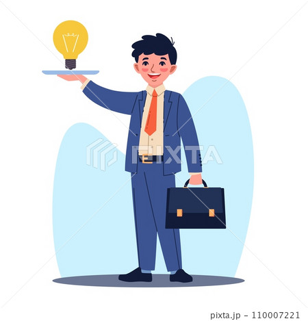 Businessman holds light bulb on tray as symbol of idea. Startup or new project, creative process and brainstorming. Thinking happy employee. Cartoon flat style isolated vector concept 110007221