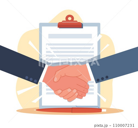 Business handshake of businessmen as symbol of concluded agreement. Male hands and contract, greeting or concluding deal, partnership and meeting. Cartoon flat isolated vector concept Business handshake of businessmen as symbol of concluded agreement. Male hands and contract, greeting or concluding deal, partnership and meeting. Cartoon flat isolated vector concept 110007231