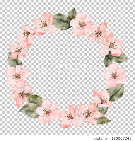 Wreath of watercolor pink flowers. Cherry blossom, flowering sakura, spring apple clipart. Hand drawn blooming floral illustration for pack, card, invitation, tags. Wreath of watercolor pink flowers. Cherry blossom, flowering sakura, spring apple clipart. Hand drawn blooming floral illustration for pack, card, invitation, tags. 110007248