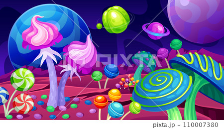 Candy planet landscape. Sweet space wonderland game background, pastry sweets magic confectionery world with lollipop tree, chocolate candies mushroom, neoteric vector illustration Candy planet landscape. Sweet space wonderland game background, pastry sweets magic confectionery world with lollipop tree, chocolate candies mushroom, neoteric vector illustration 110007380