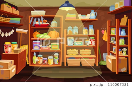 Pantry room. Kitchen cellar with food preserves conserved vegetables jars on organise shelves in garden house basement, home cupboard storage interior neoteric vector illustration 110007381