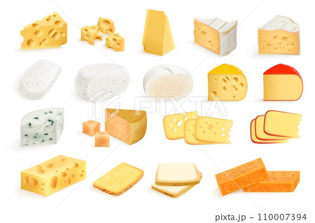 Realistic cheese pieces. 3d triangle piece cheeses collection, hard cheddar chunk with holes, edam sliced block parmesan holland 110007394