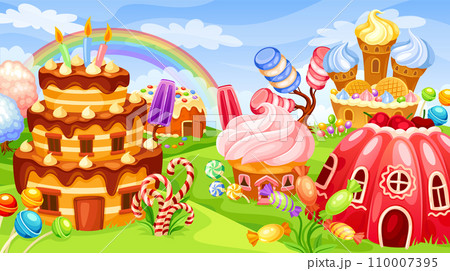 Candy landscape. Sweet storyland game panorama rainbow background, fantasy city sugar food cake tower marshmallows, fantasy trees sweets cream dessert neoteric vector illustration 110007395