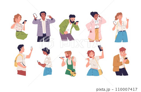 People smartphone emotions. Excited person writing on smartphone, characters phone sad happy expression, guy girl looking cellphone 110007417