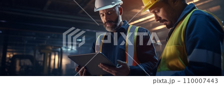 Engineer and worker use tablet Engineer and worker use tablet 110007443