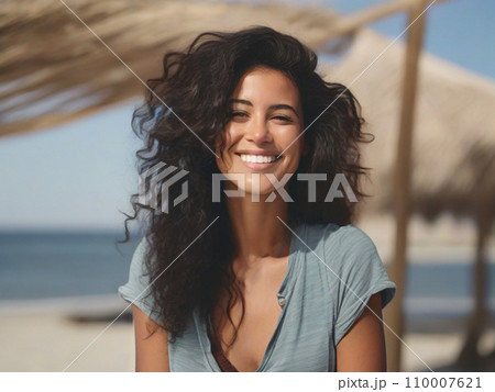 Portrait of a beautiful happy 30 year old Latina woman with long wavy hair on the beach Portrait of a beautiful happy 30 year old Latina woman with long wavy hair on the beach 110007621