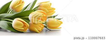 AI-generated content. Beautiful flowers, yellow tulips, white background. Postcard template Women's Day, March 8, Nurse's Day 110007683