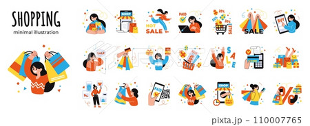 People shopping. Girl shop business, live outline coupons, commerce review, cute minimal style drawing collection. Online sale and discount advertising. Vector cartoon flat isolated set 110007765