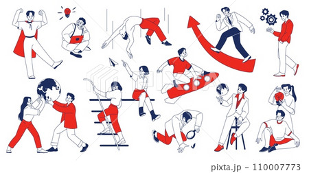 Doodle characters. Line office people. Detective or startup man. Success business job sketch. Growth arrow. Couple holding Earth. Woman with idea lightbulb. Vector cartoon red persons set 110007773