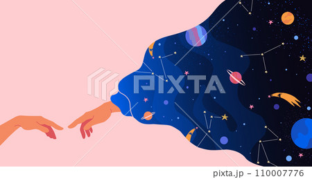 Adam creation. Hands touch in cloud. Cosmos science dream. God together in space galaxy. Universe stars or planets. Arms connect. Creative imagination. Night sky. Vector abstract concept Adam creation. Hands touch in cloud. Cosmos science dream. God together in space galaxy. Universe stars or planets. Arms connect. Creative imagination. Night sky. Vector abstract concept 110007776