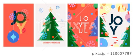 Christmas cards. 2024 holiday background, happy new year and merry xmas design with winter tree in simple colorful geometric style. December party poster or greeting. Vector illustration 110007797