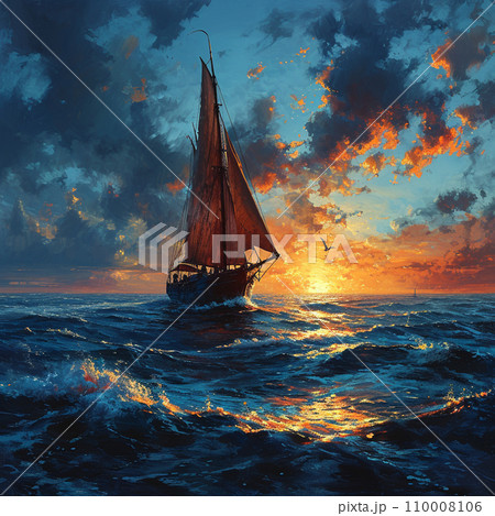 朝焼け 夕日に照らされた船 アートのイラスト素材 [110008106
