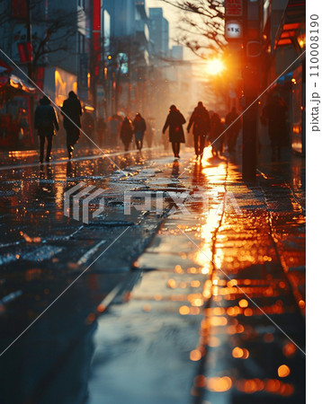 雨上がりの夕暮れ夜の街を歩く人々 110008190