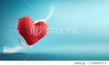 AI-generated content. A red heart knitted with coarse threads in the sky with clouds on a blue clean background, advertising shot. High quality illustration 110008273