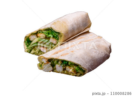 Delicious fresh roll with shrimps, tomatoes, lettuce and cucumber in pita bread Delicious fresh roll with shrimps, tomatoes, lettuce and cucumber in pita bread 110008286