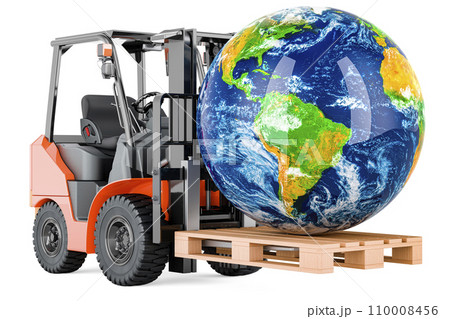 Forklift truck with Earth Globe. Global shipping and worldwide delivery, concept. 3D rendering 110008456