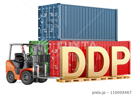DDP concept. Forklift truck with cargo containers, 3D rendering 110008467