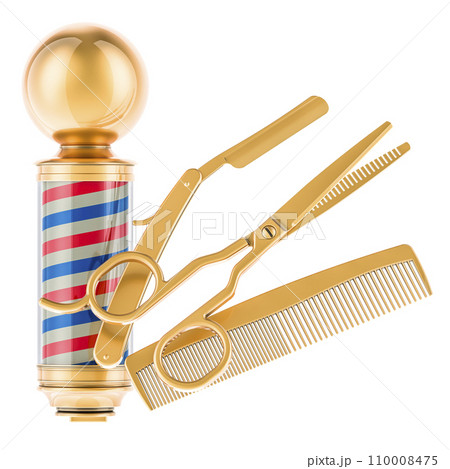 Golden barber pole, hair comb, straight razor and scissor. Barber Shop, Hair Salon, concept. 3D rendering 110008475