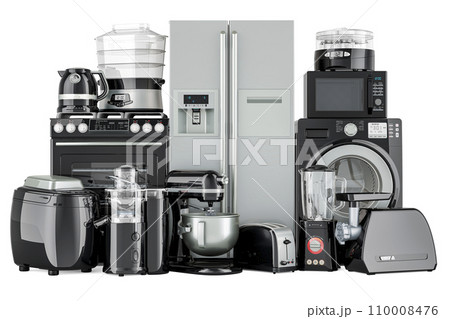 Set of kitchen appliances, silver and black colors. 3D rendering 110008476