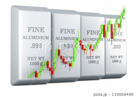 Aluminium ingots with candlestick chart, showing uptrend market. 3D rendering Aluminium ingots with candlestick chart, showing uptrend market. 3D rendering 110008490
