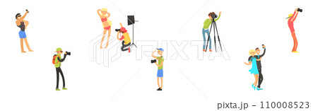 Professional Photographer with Camera Take Photo Vector Set Professional Photographer with Camera Take Photo Vector Set 110008523