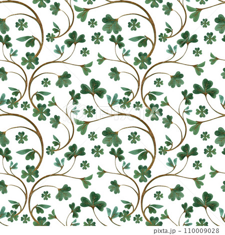 Seamless pattern with symbols of Ireland. Wrapping paper for St. Patrick's Day. Watercolor in vintage style on a white background. 110009028
