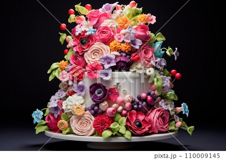 Cake with berry jelly, flowers and pancake filling. Cake inspired by bouquet of flowers 110009145