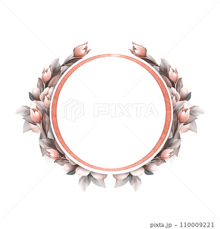 Floral round frame with flowers and leaves. Hand drawn, isolated on a white background. For wedding invitations, holiday cards and other design. Floral round frame with flowers and leaves. Hand drawn, isolated on a white background. For wedding invitations, holiday cards and other design. 110009221