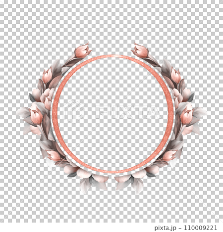 Floral round frame with flowers and leaves. Hand drawn, isolated on a white background. For wedding invitations, holiday cards and other design. Floral round frame with flowers and leaves. Hand drawn, isolated on a white background. For wedding invitations, holiday cards and other design. 110009221