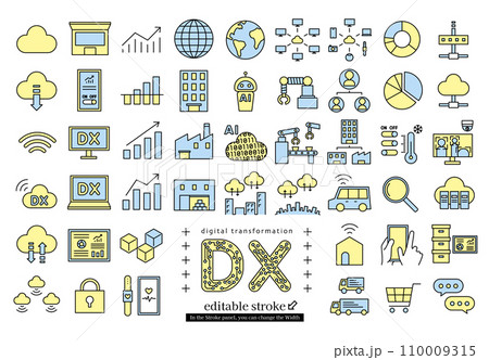 DX 企業のデジタルトランスフォーメーションのアイコンセット (編集可能なストローク) DX 企業のデジタルトランスフォーメーションのアイコンセット (編集可能なストローク) 110009315