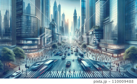 車と歩行者で賑わう、高層ビルが立ち並ぶ都市の交差点 110009488