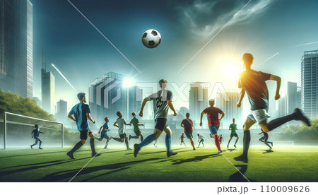 クリアな空の下、緑豊かなフィールドでサッカーをする人々のグループ 110009626