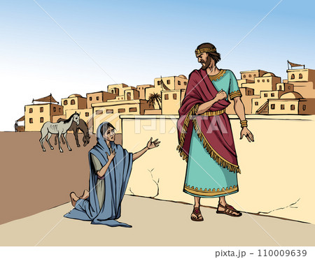 A starving woman asks for help. Vector drawing 110009639