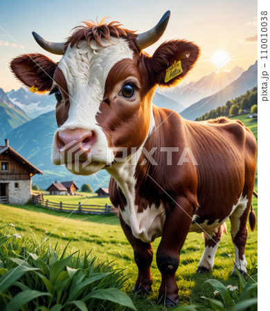 AI-generated content. Expressive Cow in Rustic Landscape 110010038