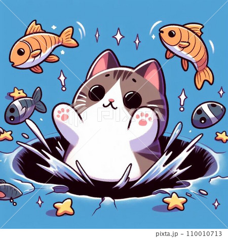 魚を捕獲する猫のイラスト素材 [110010713] - PIXTA