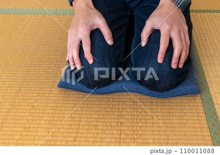 膝の上に手を置いて座る 110011088