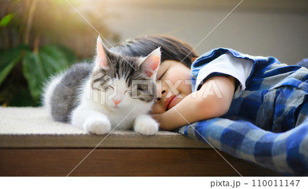 猫と一緒に寝る子供(AI生成画像) 猫と一緒に寝る子供(AI生成画像) 110011147