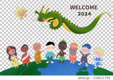 New Year's card illustration with handwritten drawings of eight world children and a dragon standing on the earth 110011756