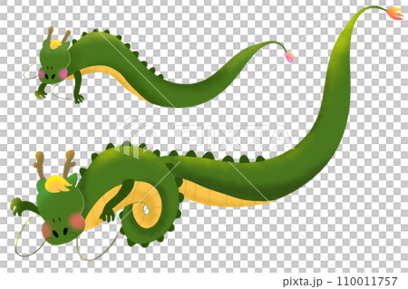 Hand-drawn illustration of a parent and child of two dragons flying in the sky 110011757