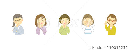 吹き出しセリフが似合うポジティブな表情の50代女性アイコンセット/横長デザイン/主線なし/フルカラー 110012253