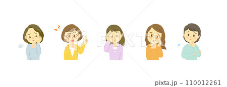 吹き出しセリフが似合うネガティブな表情の40代女性アイコンセット/横長デザイン/主線なし/フルカラー 110012261