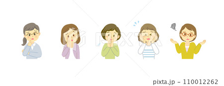 吹き出しセリフが似合うネガティブな表情の50代女性アイコンセット/横長デザイン/主線なし/フルカラー 110012262