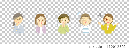 吹き出しセリフが似合うネガティブな表情の50代女性アイコンセット/横長デザイン/主線なし/フルカラー 110012262