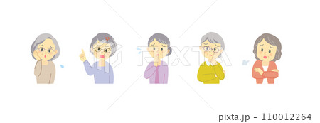 吹き出しセリフが似合うネガティブな表情の60代女性アイコンセット/横長デザイン/主線なし/フルカラー 110012264