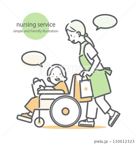 介護職員と一緒に買い物に出かける車椅子の高齢女性 シンプルでお洒落な線画イラスト 介護職員と一緒に買い物に出かける車椅子の高齢女性 シンプルでお洒落な線画イラスト 110012323