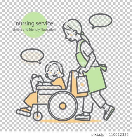 介護職員と一緒に買い物に出かける車椅子の高齢女性 シンプルでお洒落な線画イラスト 介護職員と一緒に買い物に出かける車椅子の高齢女性 シンプルでお洒落な線画イラスト 110012323