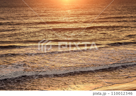 日の出の反射で黄金色に染まる海原 110012346