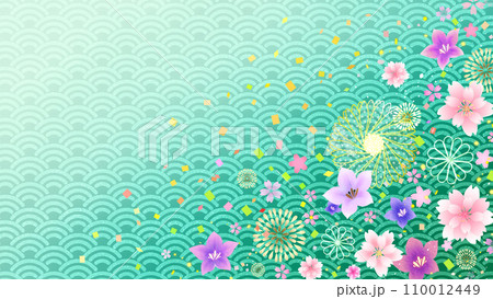 花の和風フレーム背景　緑色の青海波文様　16:9 110012449